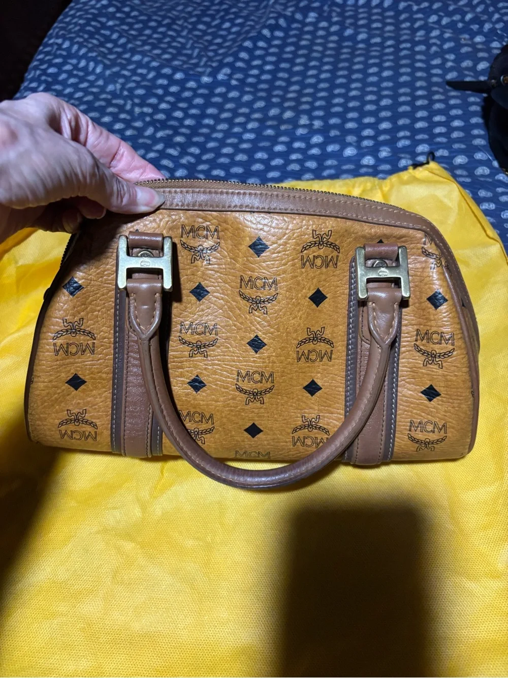 MCM Cognac Monogram Leather Satchel with Gold Hardware